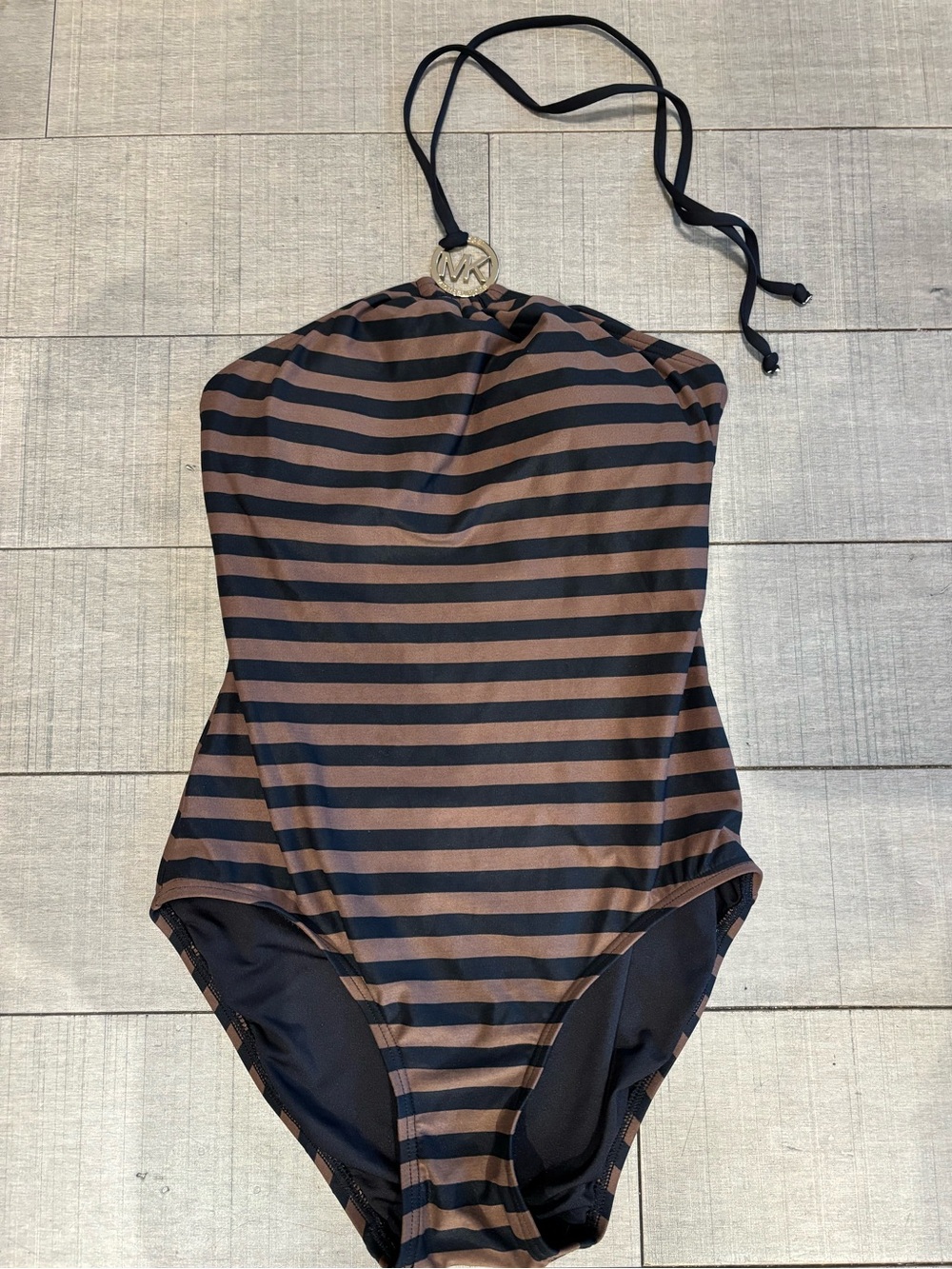 4 for $30- Michael Kors Striped Black One Piece Halter Swimsuit & Gold Monogram